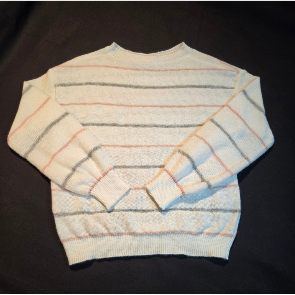 Emery Rose Women White Striped Knit Sweater Pink Grey Crew Neck Size M NWT